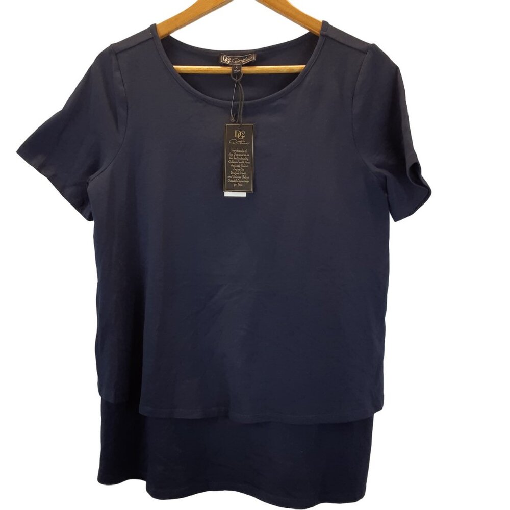 NWT DG2 Diana Gilman Top Womens Small Navy Blue Short Sleeve Shirt Blouse Shirt